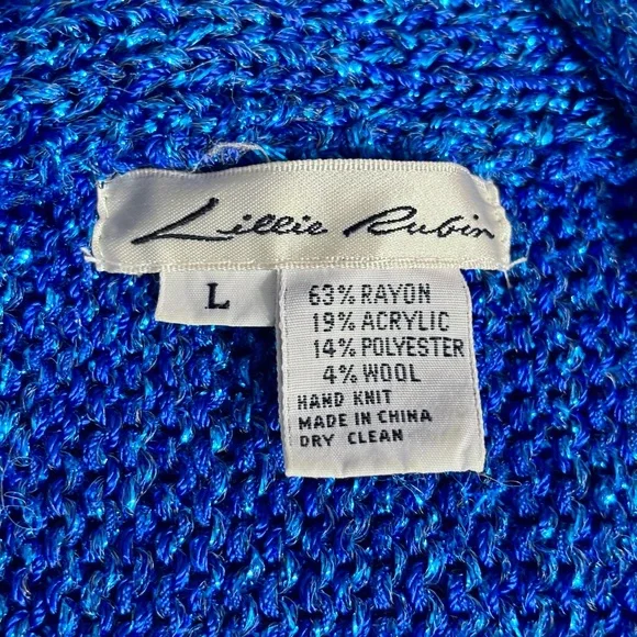 LILLIE RUBIN Metallic Blue Deep V Neck Sweater Dolman Sleeves VINTAGE